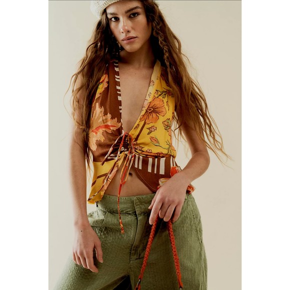 Free People Hot Tropics Tank Top XS Floral Print Halter Yellow Boho Chic New - Picture 5 of 5
